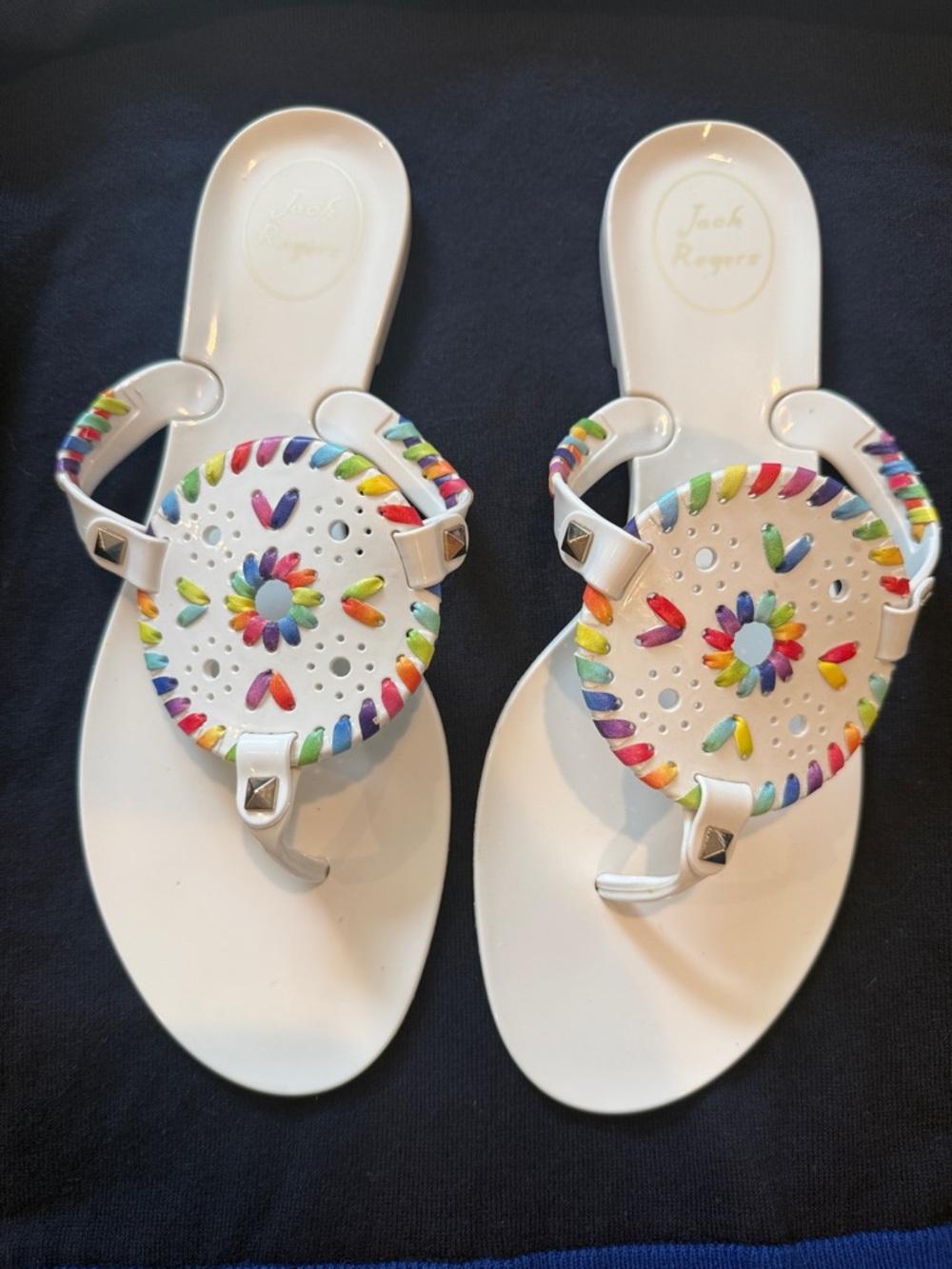 Jack Rogers White Sandals with Rainbow Stitch Medallions